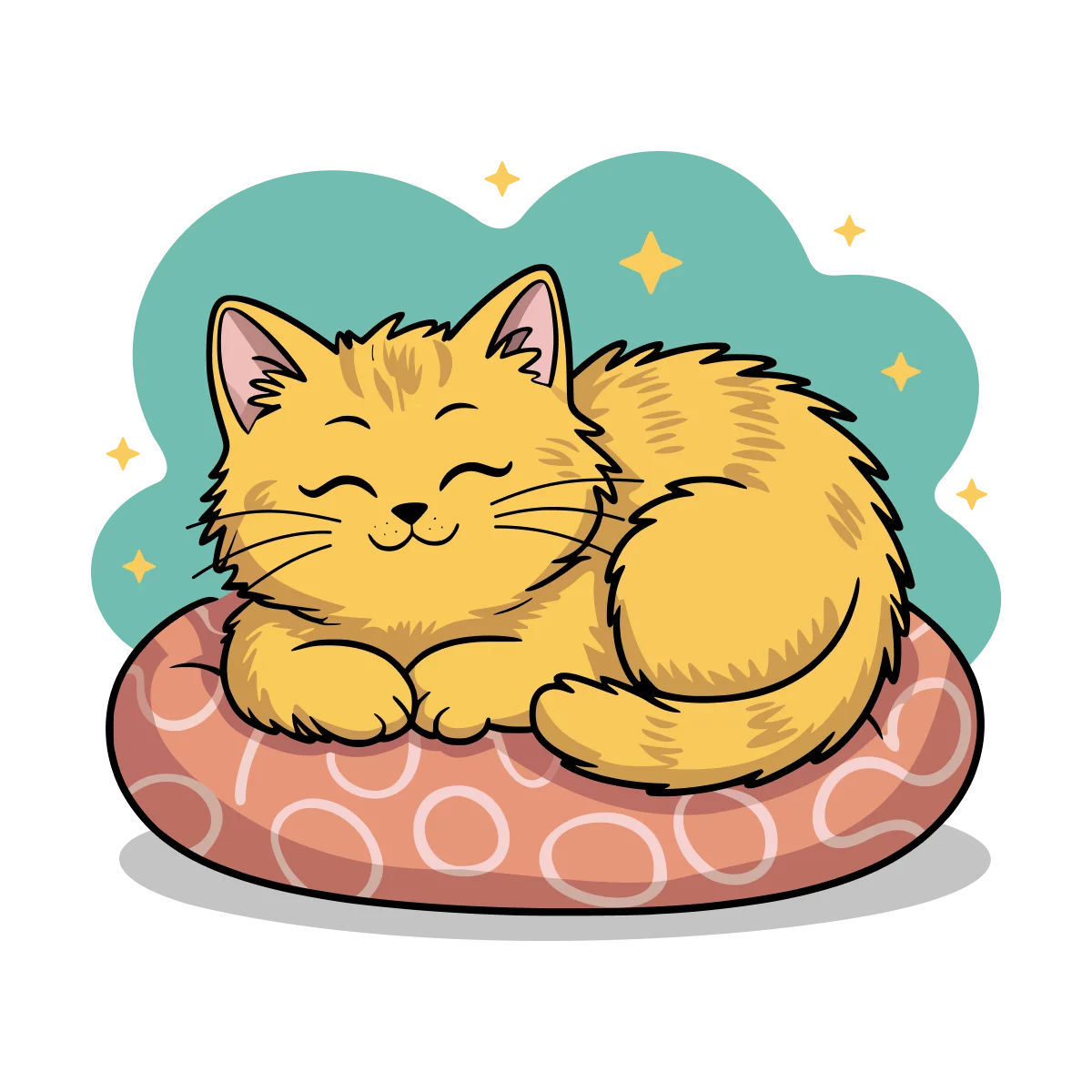 Adorable Fluffy Yellow Cat Napping on Cozy Pink Cushion Clipart Illustration