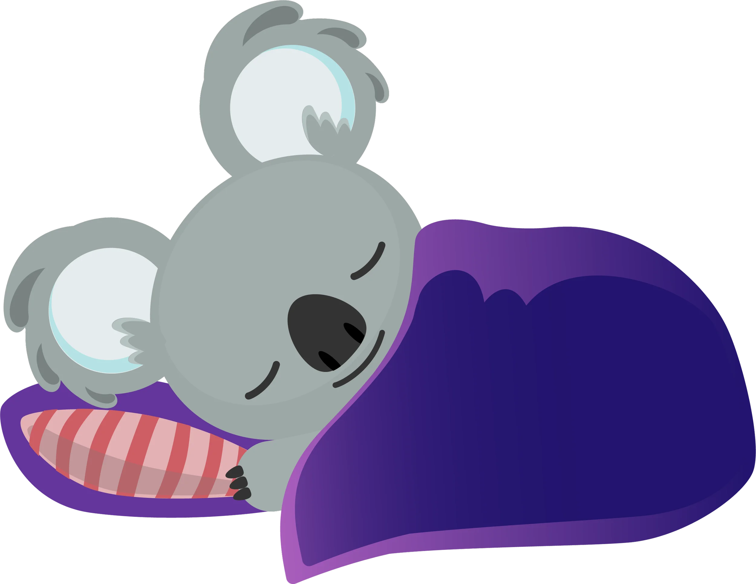 Adorable Sleepy Koala Clipart: Cuddly Marsupial Resting on Soft Purple Bedding