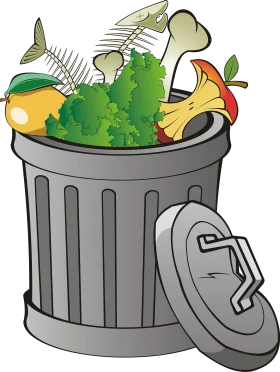 Cartoon Trash Can Clipart with Colorful Food Waste and Garbage Elements