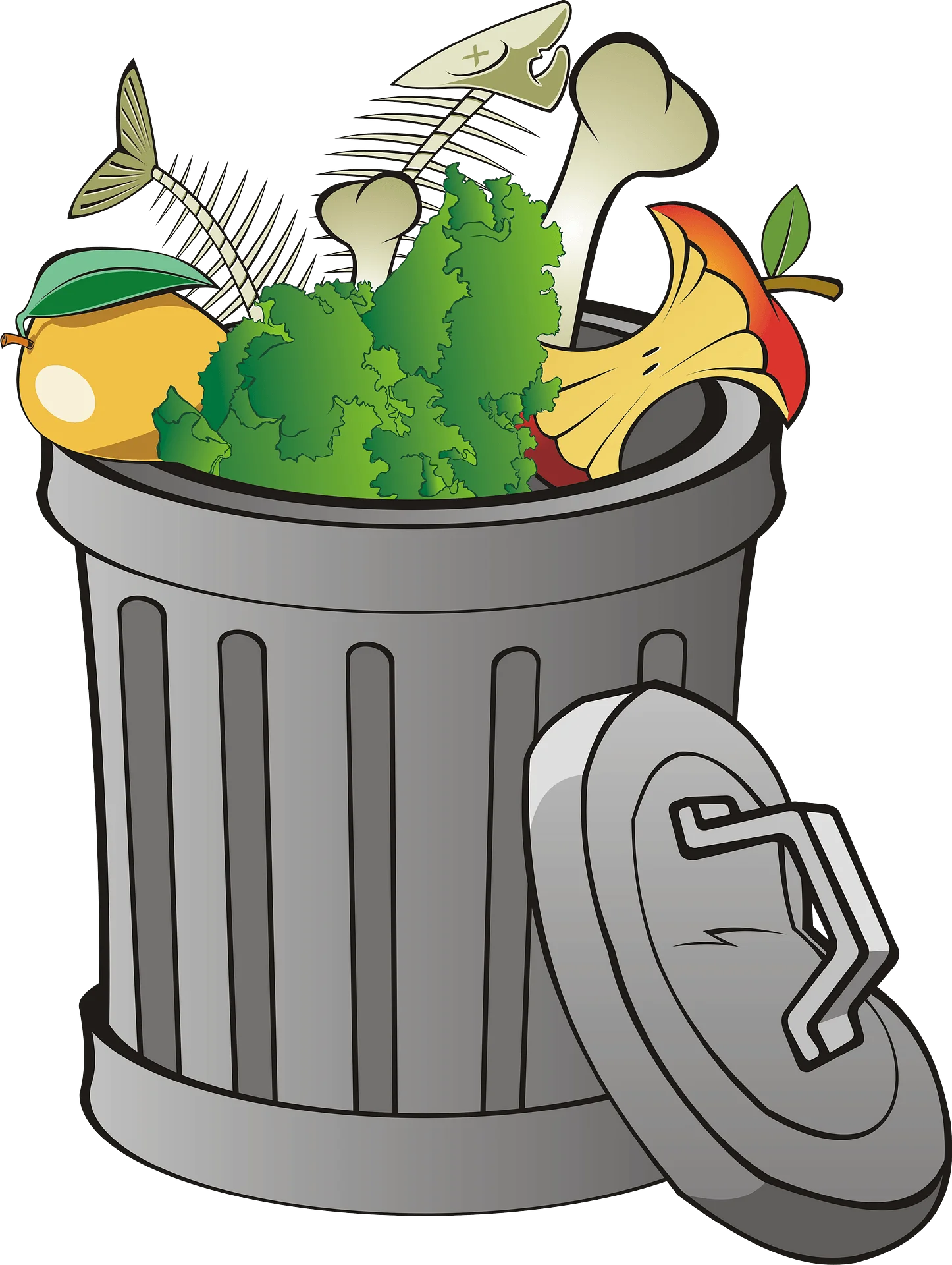 Cartoon Trash Can Clipart with Colorful Food Waste and Garbage Elements