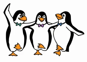 Cheerful Penguin Trio Dancing in Synchronized Harmony Clipart Design