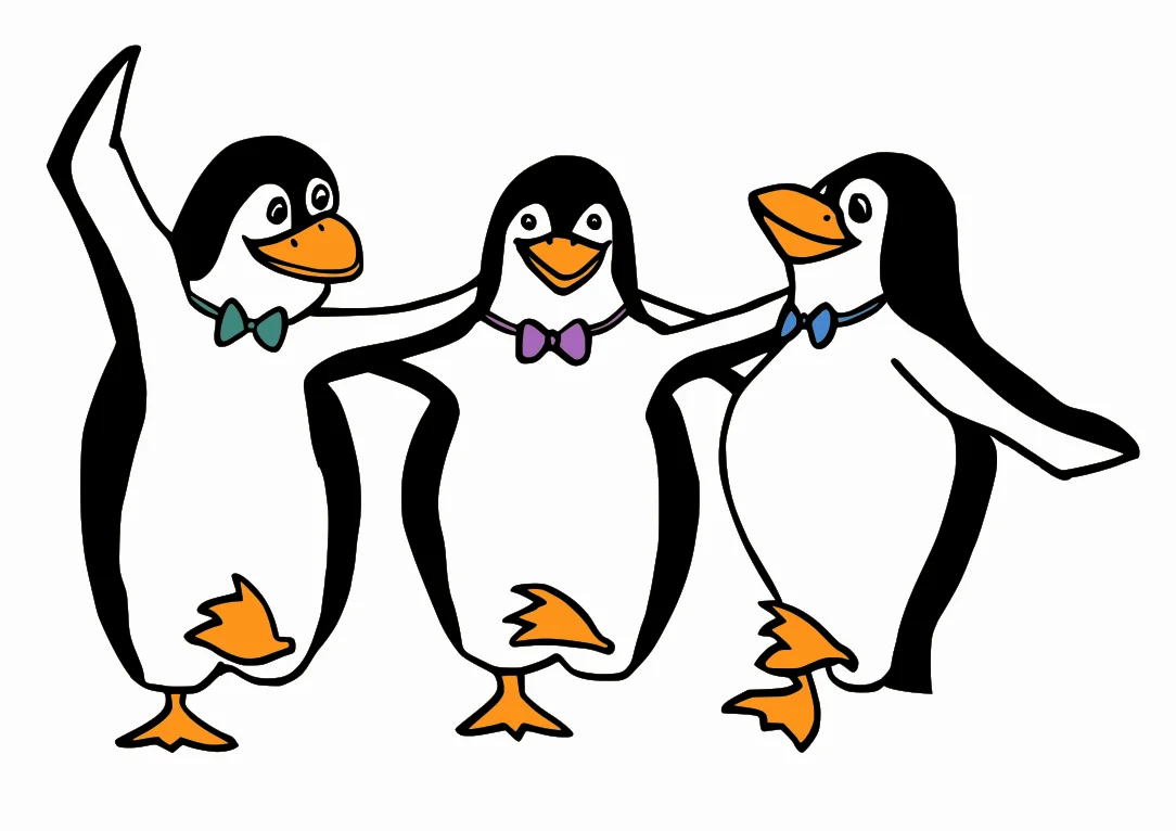 Cheerful Penguin Trio Dancing in Synchronized Harmony Clipart Design
