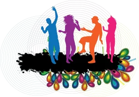 Dynamic Silhouette Dancers Celebrating with Colorful Balloons Clipart Illustration