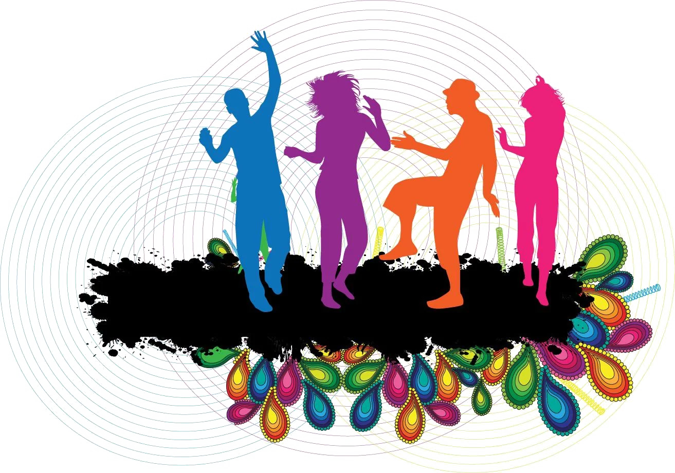 Dynamic Silhouette Dancers Celebrating with Colorful Balloons Clipart Illustration