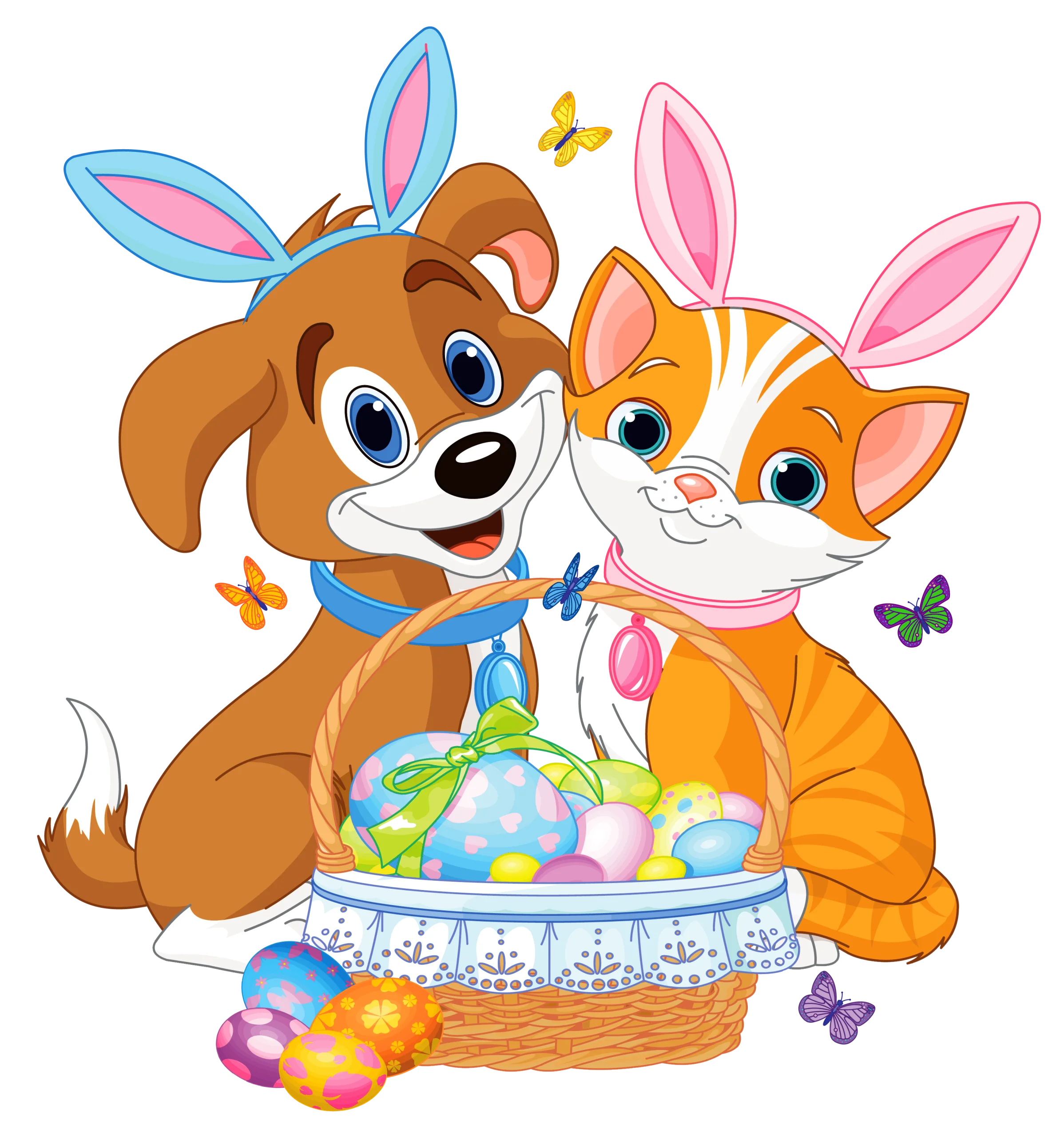Easter Celebration Clipart: Adorable Puppy and Kitten Friends with Colorful Eggs