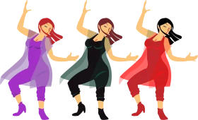 Energetic Female Dancers in Colorful Outfits Performing Dynamic Dance Clipart
