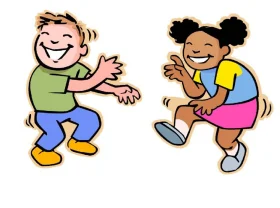 Joyful Kids Dancing Together - Playful Cartoon Clipart Illustration of Happy Children