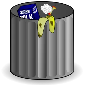 Monochrome Gray Trash Can Clipart with Discarded Milk Carton and Banana Peel