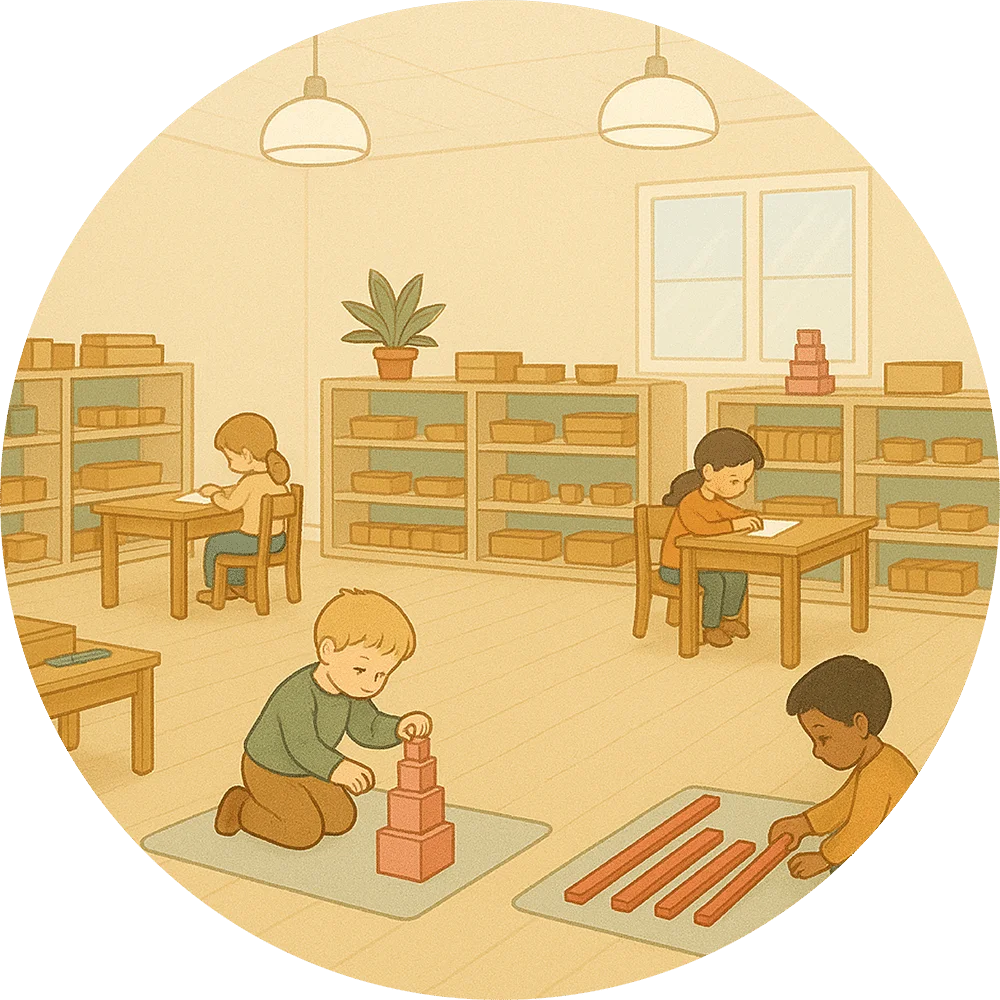 Montessori Classroom Clipart: Children Exploring Learning Materials Peacefully