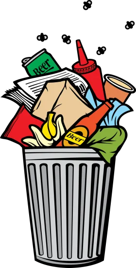 Overflowing Metallic Trash Can with Miscellaneous Discarded Items Clipart Illustration
