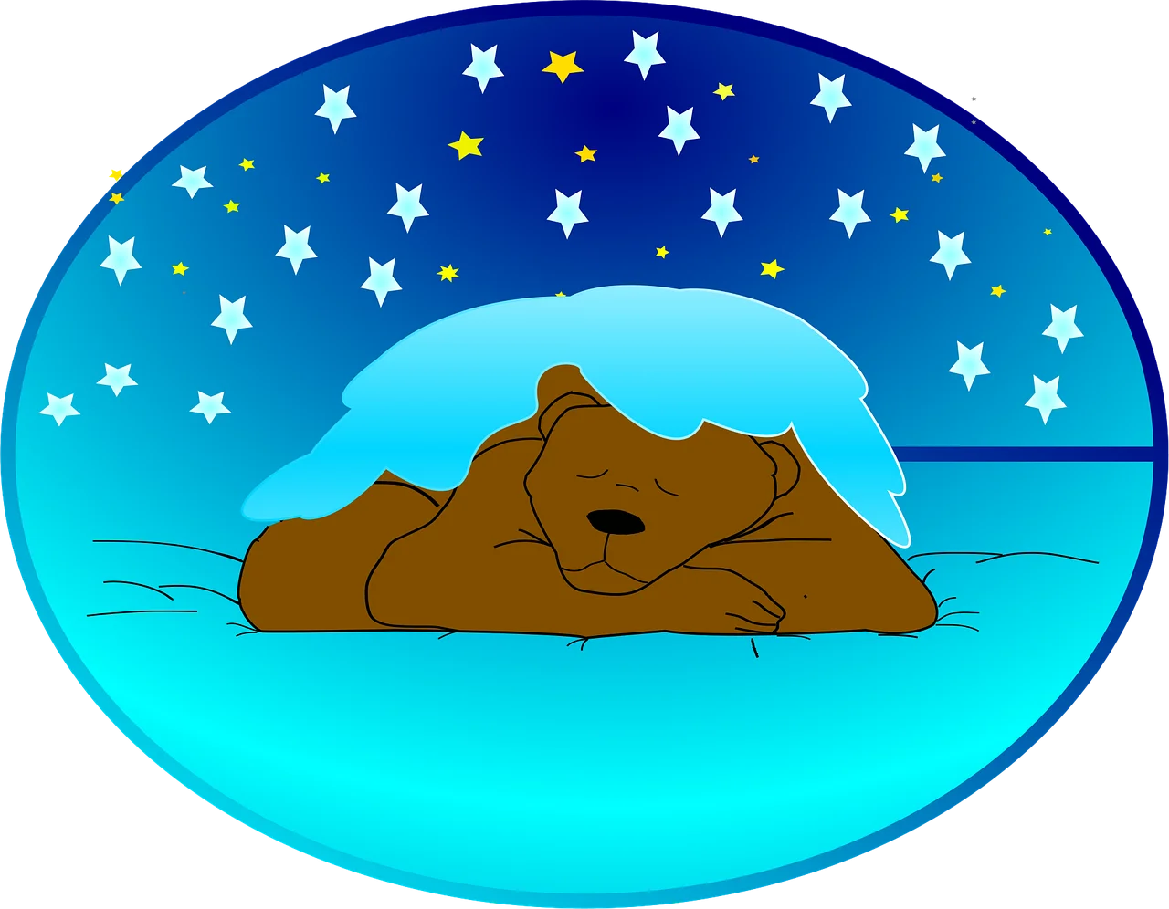 Peaceful Hibernating Bear Sleeping Under Starry Night Sky Cozy Clipart Illustration