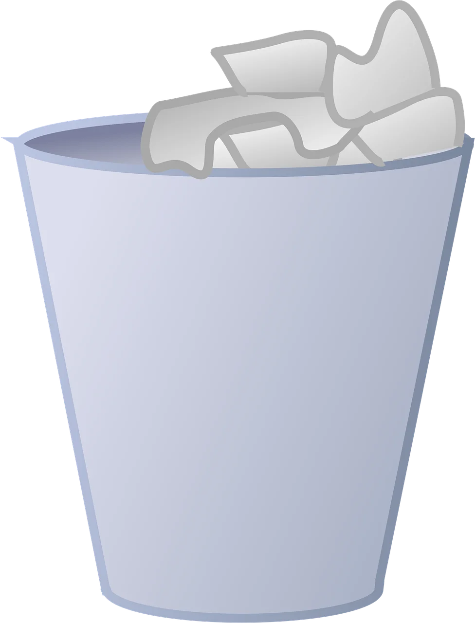 Simple Gray and White Digital Trash Can Clipart with Crumpled Papers