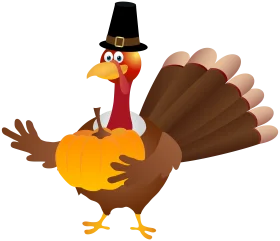 Festive Thanksgiving Turkey Clipart Illustration with Pilgrim Hat and Pumpkin