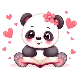 Adorable Kawaii Panda Reading Book Surrounded by Heartwarming Love Clipart Design