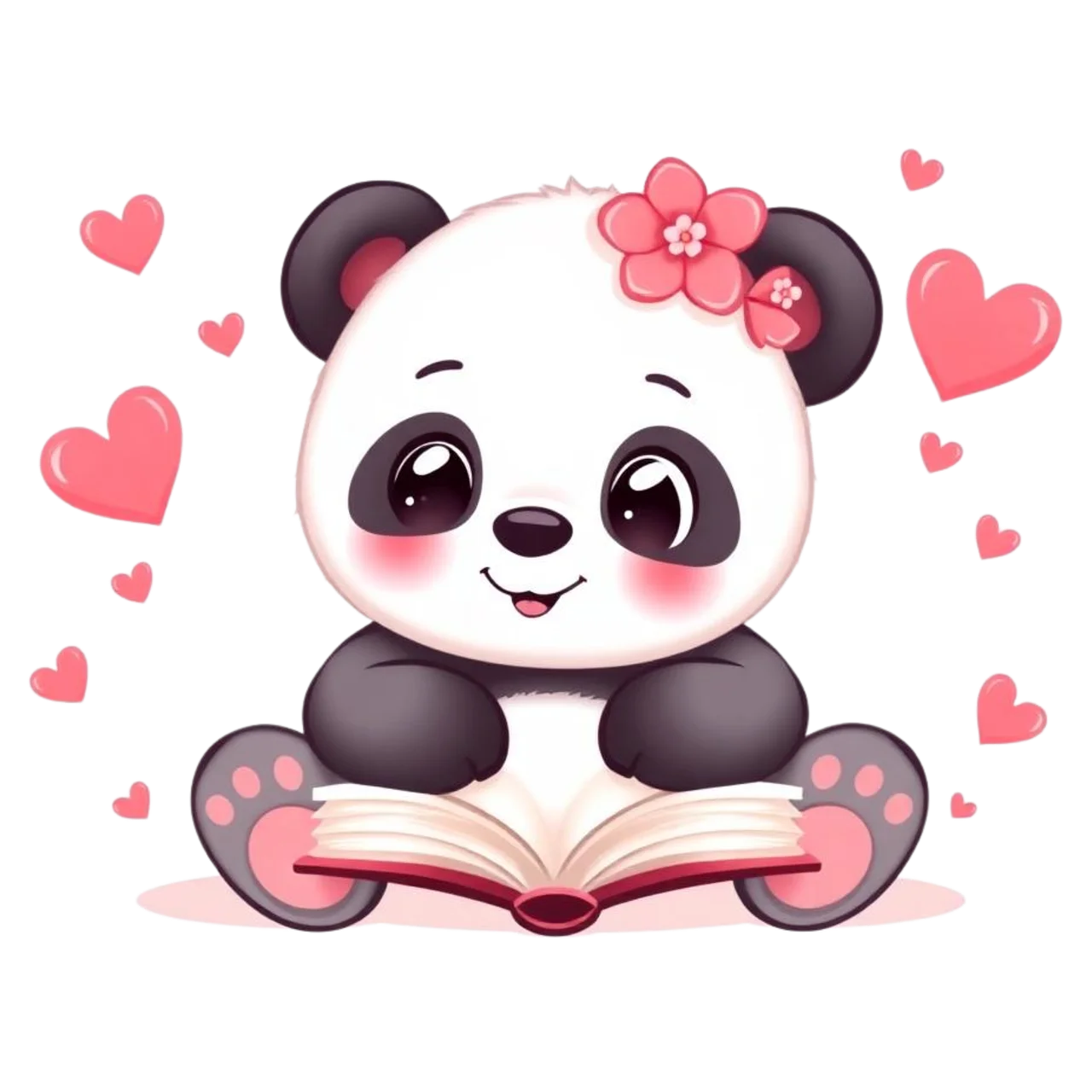Adorable Kawaii Panda Reading Book Surrounded by Heartwarming Love Clipart Design