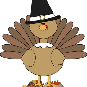 Charming Thanksgiving Turkey Clipart with Pilgrim Hat and Festive Fall Leaves