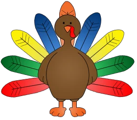 Colorful Thanksgiving Turkey Clipart with Playful Feather Design and Cartoon Style