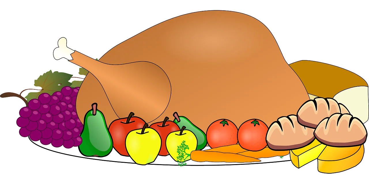 Festive Thanksgiving Feast Clipart: Golden Roasted Turkey Surrounded by Colorful Harvest Bounty
