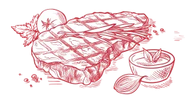 Classic Grilled Pork Steak Clipart: Rustic Culinary Illustration in Red Tones