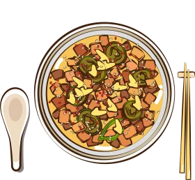 Delectable Diced Pork Stir-Fry Clipart with Vegetables and Asian Serving Utensils