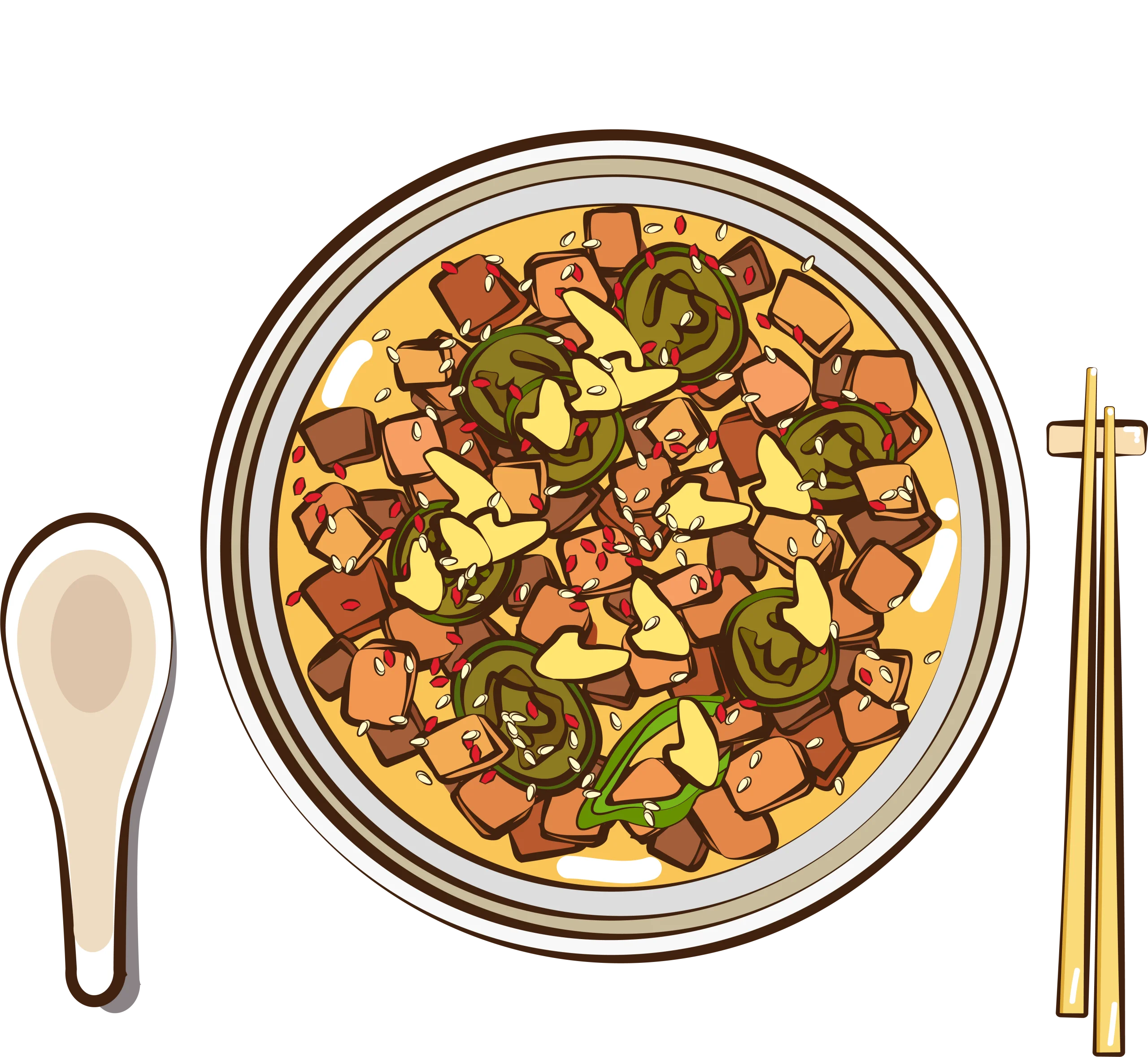 Delectable Diced Pork Stir-Fry Clipart with Vegetables and Asian Serving Utensils