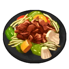 Delectable Stir-Fried Pork Clipart with Colorful Vegetable Medley on Dark Plate