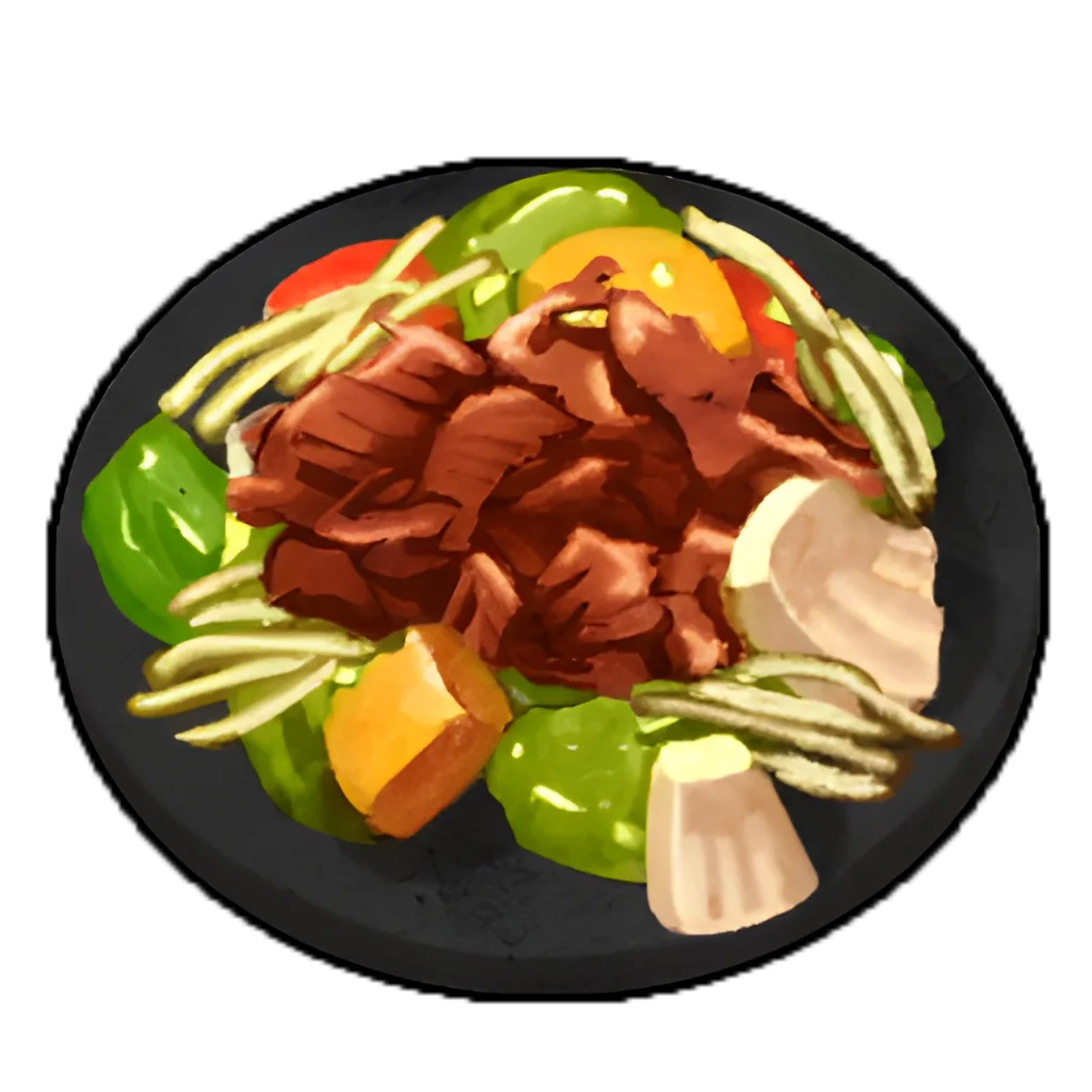 Delectable Stir-Fried Pork Clipart with Colorful Vegetable Medley on Dark Plate