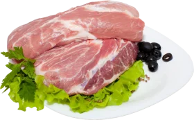 Fresh Raw Pork Meat Cut Showcased on Crisp Lettuce Leaf Clipart Image