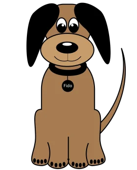 Adorable Cartoon Sitting Dog Clipart with Playful Expressive Features and Name Tag
