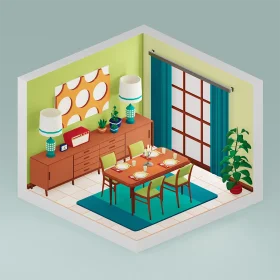 Charming Mid-Century Modern Dining Room Isometric Clipart Scene