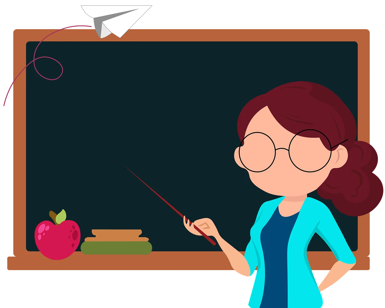 Cheerful Classroom Clipart: Teacher Presenting Lesson Near Blackboard