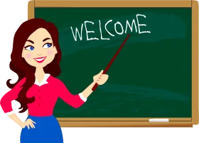 Cheerful Female Teacher Presenting Welcome Message on Classroom Chalkboard Clipart