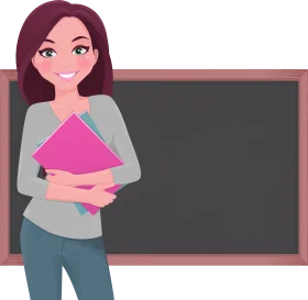 Cheerful Female Teacher Standing Near Blackboard Holding Pink Notebook Clipart Illustration