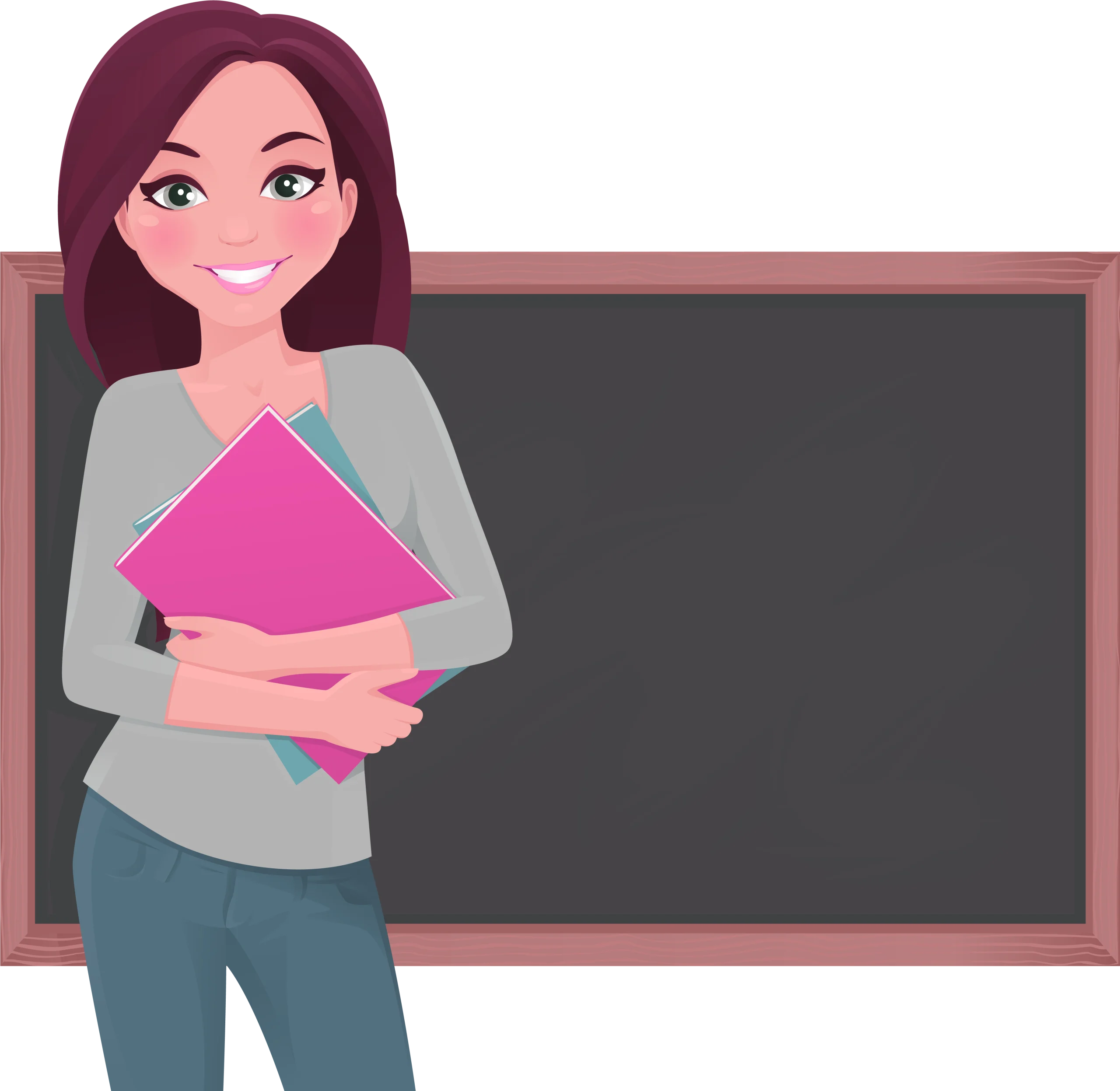 Cheerful Female Teacher Standing Near Blackboard Holding Pink Notebook Clipart Illustration