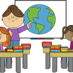 Classroom Learning Scene with Globe and Diverse Students Educational Clipart