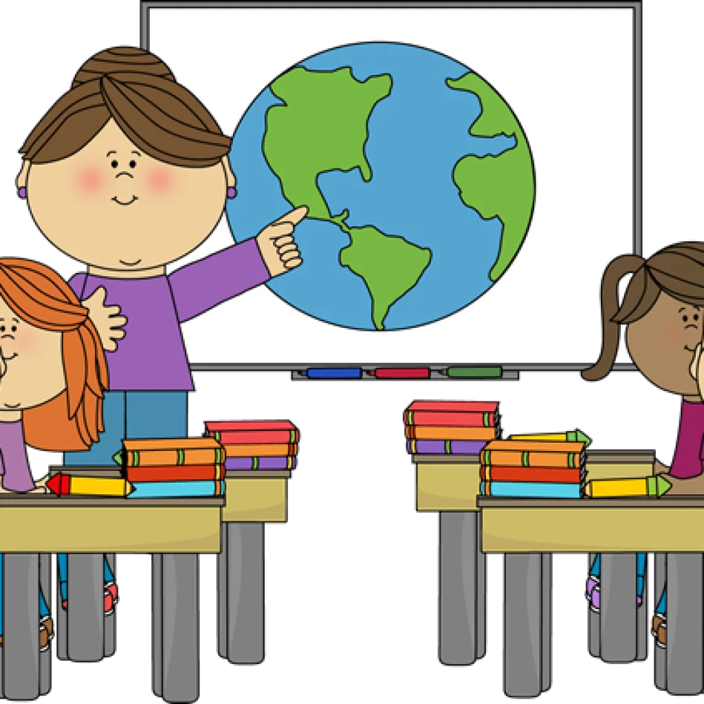 Classroom Learning Scene with Globe and Diverse Students Educational Clipart