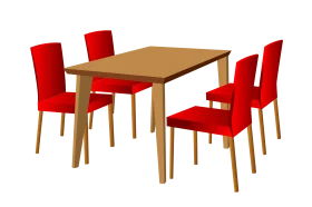 Modern Minimalist Dining Set Clipart with Wooden Table and Bright Red Chairs