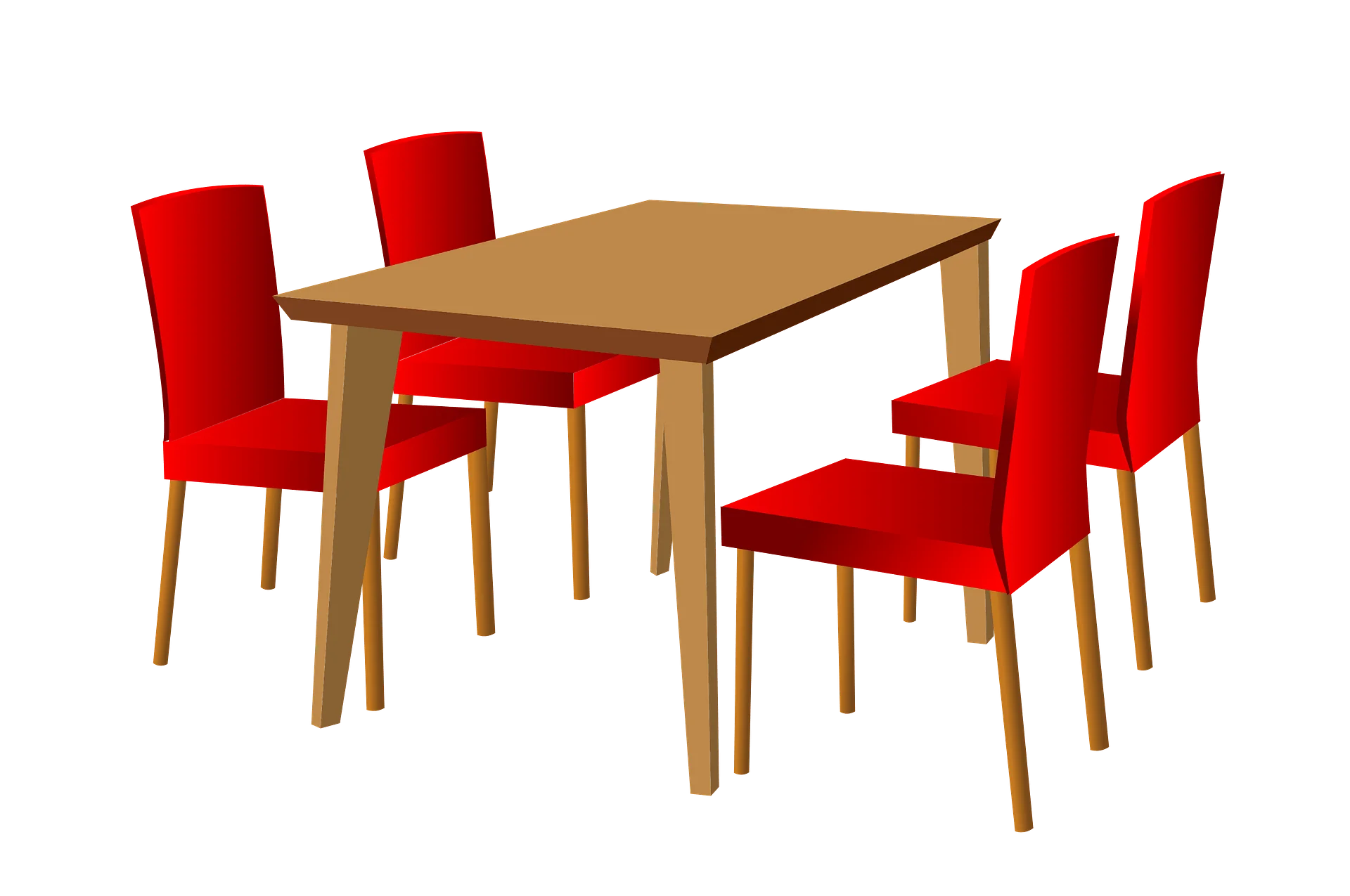 Modern Minimalist Dining Set Clipart with Wooden Table and Bright Red Chairs