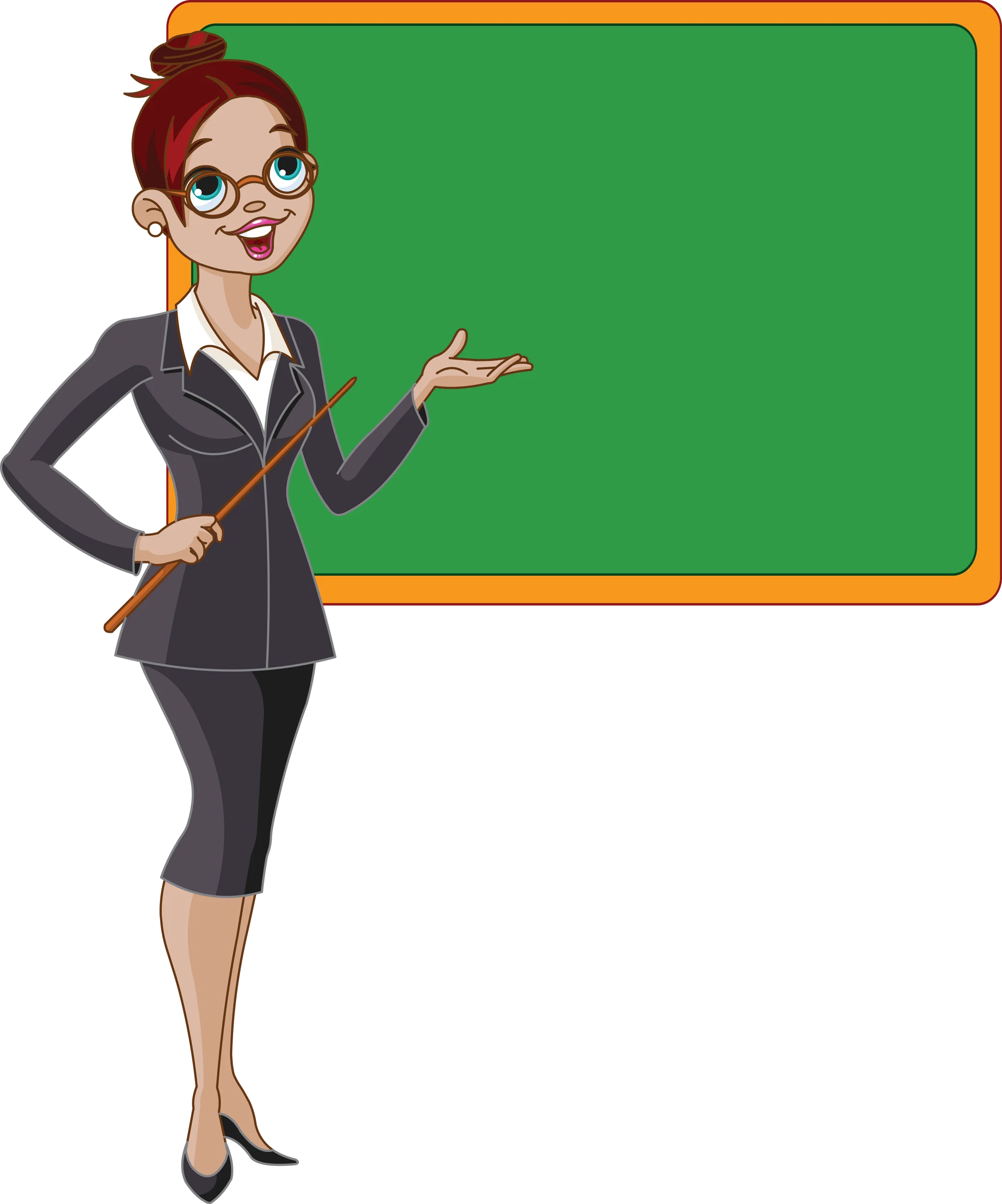 Professional Female Teacher Presenting Lesson Clipart with Green Chalkboard Background