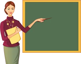 Professional Female Teacher Standing Next to Green Chalkboard Classroom Clipart Illustration