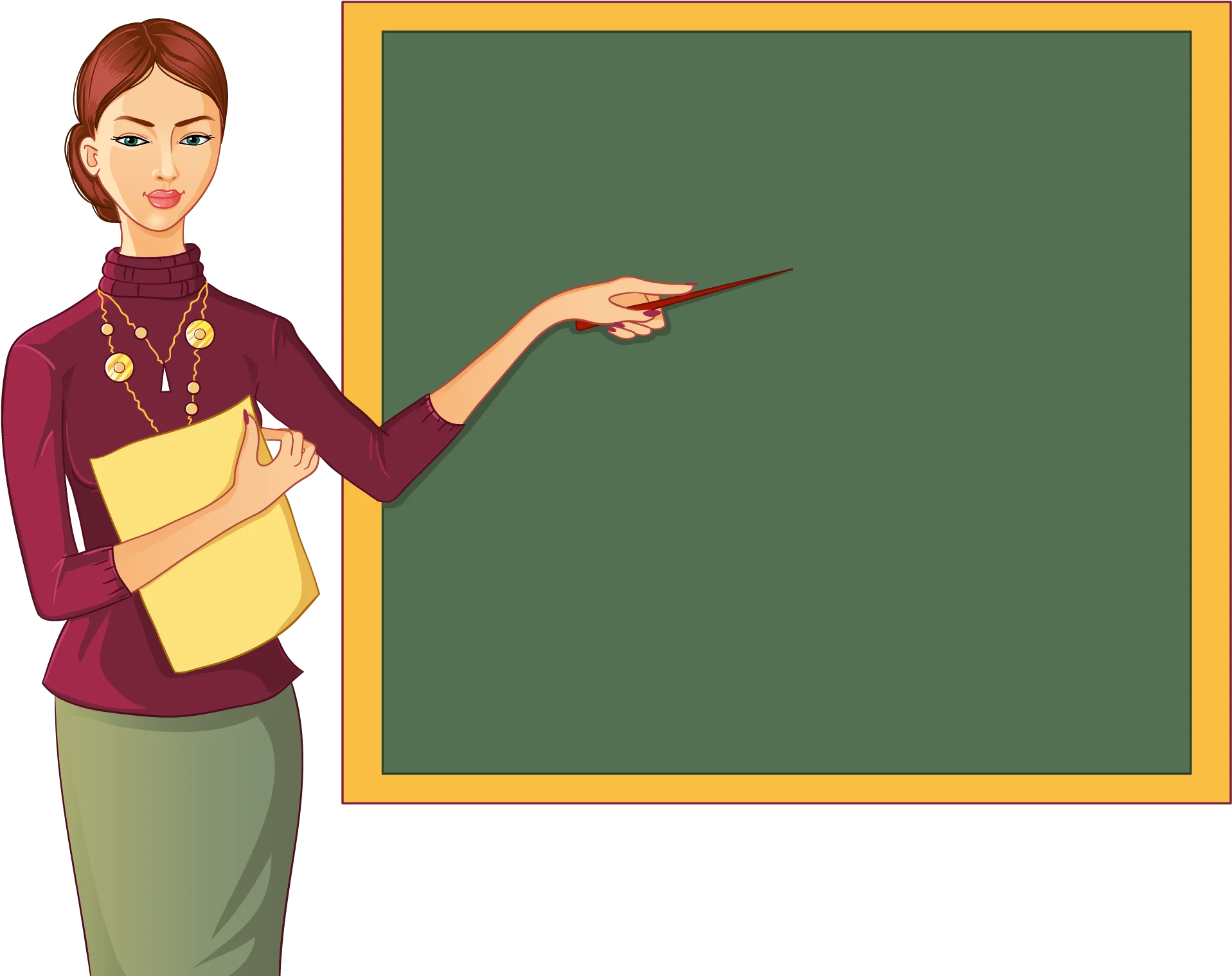 Professional Female Teacher Standing Next to Green Chalkboard Classroom Clipart Illustration