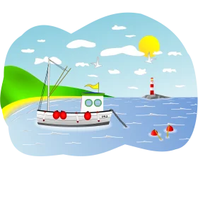 Serene Seascape Clipart with Fishing Boat, Lighthouse, and Playful Buoys