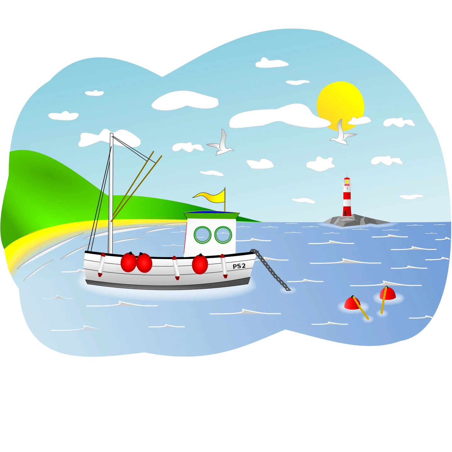 Serene Seascape Clipart with Fishing Boat, Lighthouse, and Playful Buoys