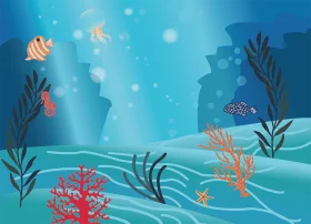 Serene Underwater Ocean Clipart: Tranquil Marine Life and Silhouetted Seascape