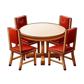 Stylish Wooden Round Dining Table with Red Chairs Clipart Illustration