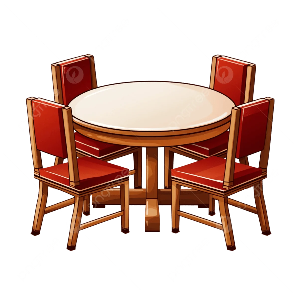 Stylish Wooden Round Dining Table with Red Chairs Clipart Illustration