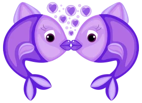 Adorable Purple Kissing Dolphins Clipart with Romantic Heart Symbols