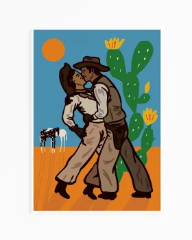Desert Romance Clipart: Lovers Embracing Under Southwestern Sun and Cactus Landscape