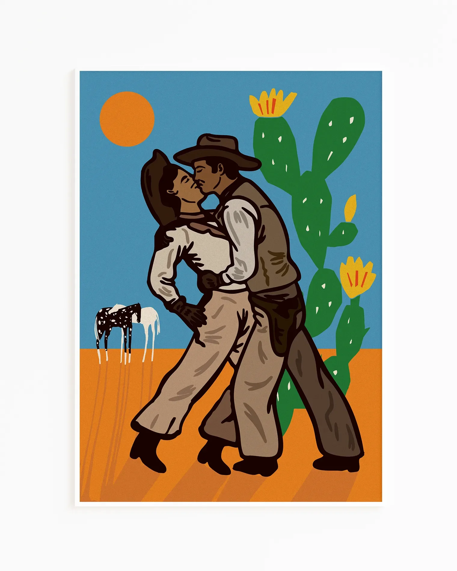 Desert Romance Clipart: Lovers Embracing Under Southwestern Sun and Cactus Landscape