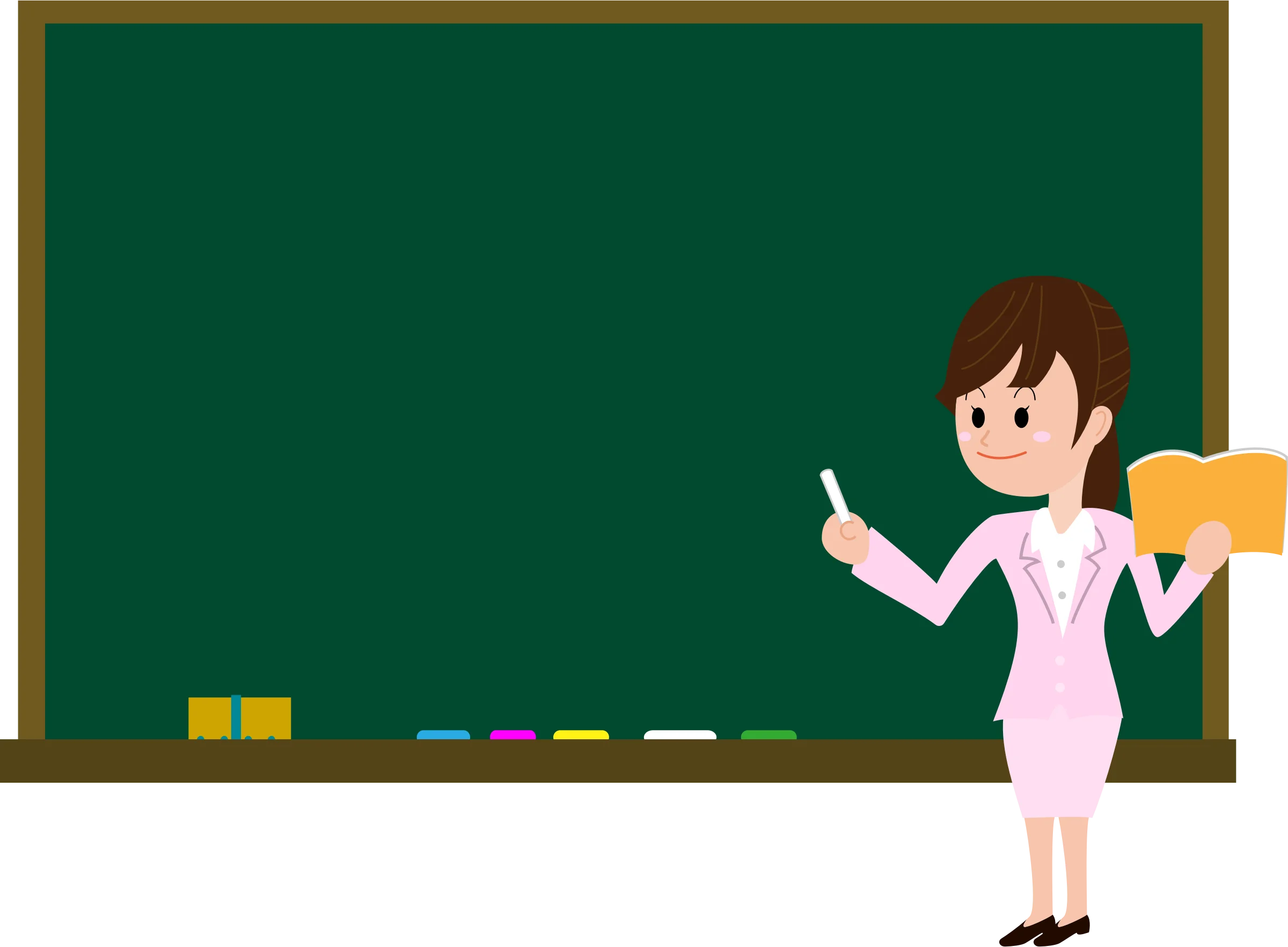 Educational Classroom Scene with Female Teacher Presenting Near Green Chalkboard Clipart